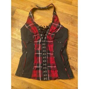Tripp NYC XL Plaid Halter Corset Top vintage Y2K hot topic black red goth